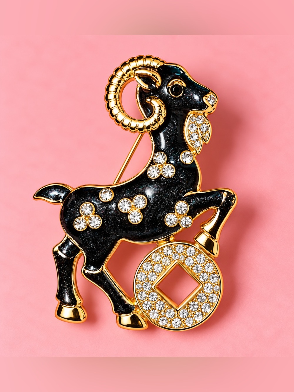 Gold-Tone Black Crystal Ram Brooch - Elegant Women’s Jewelry